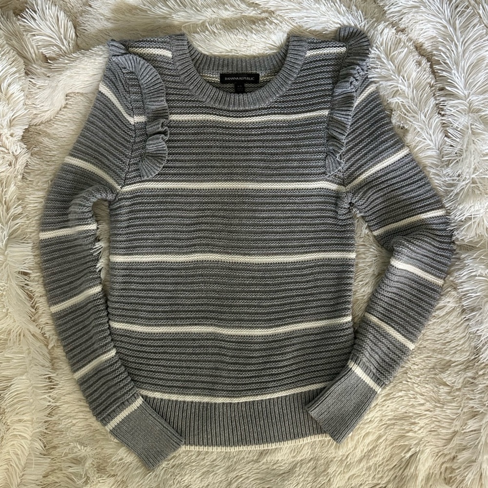 Banana Republic striped sweater with ruffle shoulder details